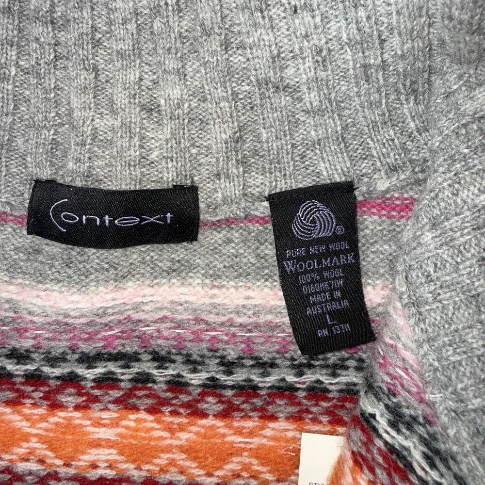 Vtg Context 100% Wool Fair Isle Sweater Sz L Full Zip Beaded Sequined NOS‎